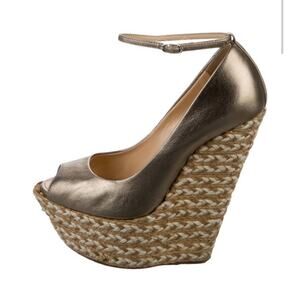 Giuseppe Zanotti Bronze Gold Peep Toe Platform Wedge Ankle Wrap Shoe Sz EU 37
